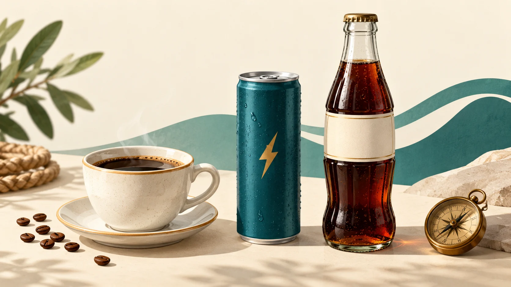Kaffeetasse, Energy-Drink-Dose und Colaflasche als Illustration zum Koffeinrechner.